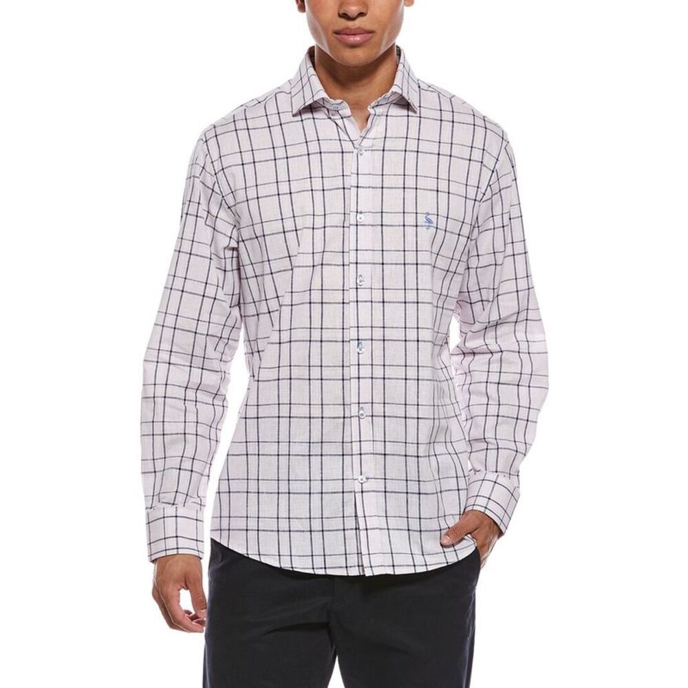 Tailorbyrd Mens  Yarn Dyed Large Check Linen-Blend Shirt, Pink